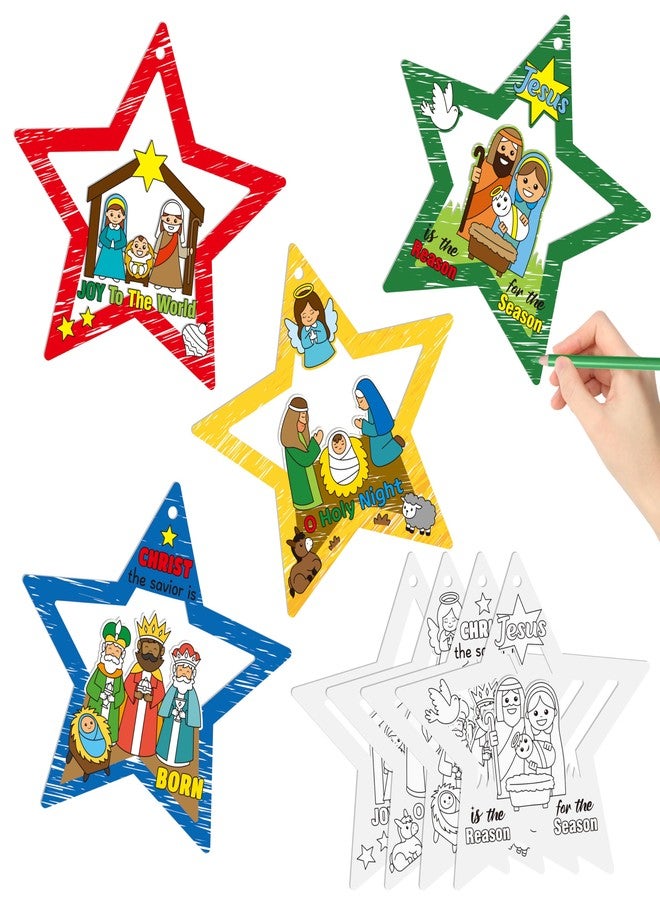 CY2SIDE Christmas Nativity Coloring Craft Kit - 60PCS Color Your Own Xmas Jesus’s Birth Star Cutout Hanging Ornament for Xmas Tree Decor DIY Jesus Star Paper Card for Kid Sunday School Activity - Image 1